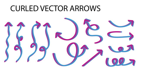 Fototapeta premium Vibrant, flourescendent and unique vector set of neon red and blue gradient squiggly curled arrows in 3D effect, a modern red-to-blue color transition, isolated.