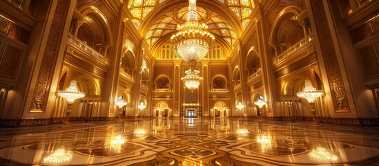 Fototapeta premium The intricate mosaic patterns and luxurious golden finishes of the Emirates Palace's main hall, lit by the soft glow of crystal chandeliers. 40k, full ultra hd, high resolution