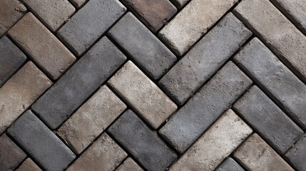 Patterned herringbone pavement featuring interlocking gray and brown bricks, displaying textural design and durability for landscaping and exterior walkway surfaces