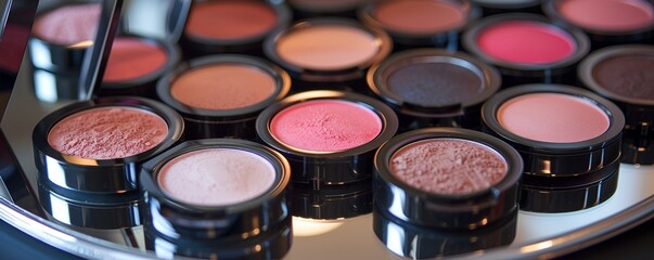 Naklejka premium A collection of face powder and blush compacts neatly arranged on a mirrored tray, with soft lighting enhancing the colors and textures of the makeup products. 40k, full ultra hd, high resolution