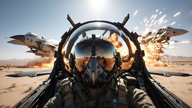 "Jet Fighter Pilot POV During Combat Explosion in Desert Battlefield"
