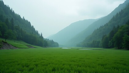 Fototapeta premium Green valley landscape with forest hills on a foggy day. No people.