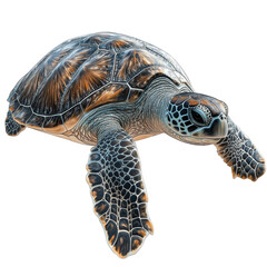 Fototapeta premium A detailed digital illustration of a sea turtle with a patterned shell and textured flippers, showcasing realistic features and vibrant highlights. Png, Transparent background.