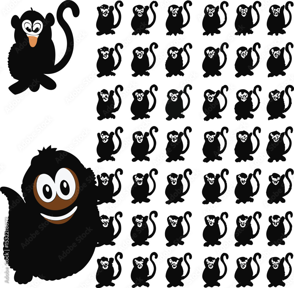 Poster playful monkey silhouettes and a large smiling character with friendly cartoon design elements ideal
