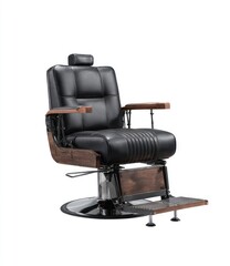 A black leather barber chair with dark wood armrests and base, featuring a chrome hydraulic pump and footrest