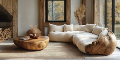 Living room scene featuring a tree stump coffee table and rustic wood accents