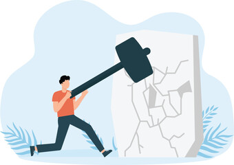 People destroying walls and Employees and businessmen overcome obstacles and persons break barriers and glass and concrete and bricks concept
