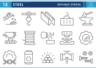 A set of line icons related to Steel. Metal, works, container, industrial, molten, welding, and so on. Vector editable stroke.