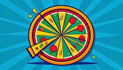 Colorful pizza graphic with vibrant background and playful design elements promoting fun dining experiences