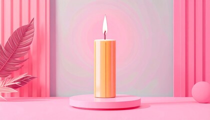 Decorative candle on a pastel surface surrounded by vibrant colors in a minimalist setup