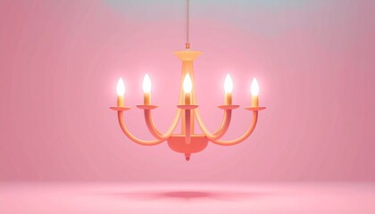 Elegant chandelier with glowing candles illuminates a soft pink background in a modern setting