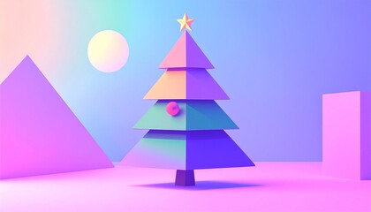 Colorful abstract Christmas tree surrounded by geometric shapes in a pastel landscape during winter season