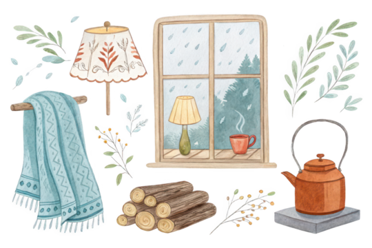 Cozy Rainy Day Watercolor Illustrations Home, Comfort, and Warmth