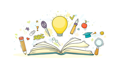 Creative sketch of idea concept with doodle open book, light bulb, stationery. Vector hand drawn illustration of school education, brainstorm, success solutions © sapunkele