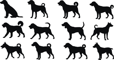 Dog silhouette vector collection, pet animal icons, black dog shapes, domestic dog poses, walking dog figures, editable design illustration