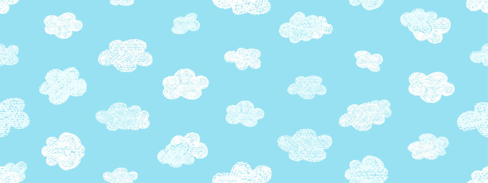 Crayon icons of weather, clouds in sky. Seamless pattern with doodle clouds in chalk texture. Cute summer weather background drawn with crayon pencils, kid vector illustration