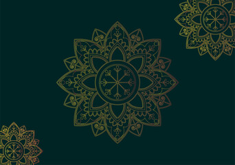 Golden ornamental patterned stone relief in Arabic architectural style of Islamic mosque, greeting card for Ramadan Kareem, Islamic background in green background color.