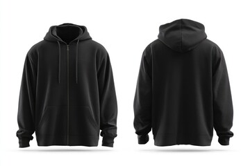 A black zip-up hoodie displayed front and back on a white background; a simple, clean design
