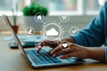 Hands typing on a laptop with cloud computing interface.