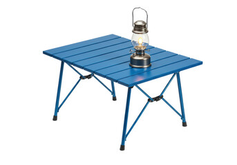 Isolated Blue Camping Table with Vintage Lantern