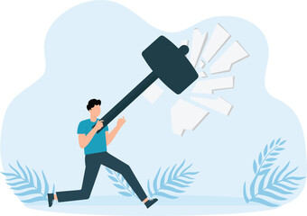 Business people destroy walls and smash obstacles in different ways and break concrete and brickwork and glass. Men hard path to success and nowadays concept
