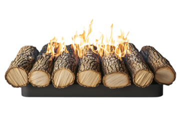 Artificial fireplace logs burning with flames on a black base