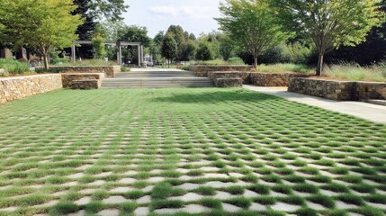 Grass pavers installed in a modern park create a permeable surface, allowing rainwater infiltration and enhancing the landscape's sustainability and aesthetic appeal