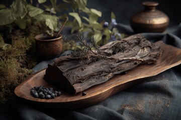 Rustic Wooden Platter with Natural Elements and Greenery Decor