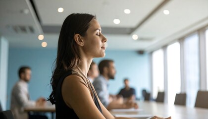 Businesswoman meditating in meeting