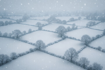 Snow-Covered Fair Meadows – Aerial Winter Landscape with Scenic Snowfall and Frozen Fields

