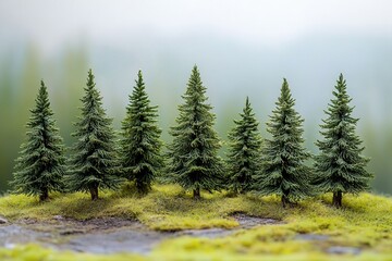 Miniature pine trees on a rocky terrain with blurred forested mountains in background, evoking nature diorama and scale modeling