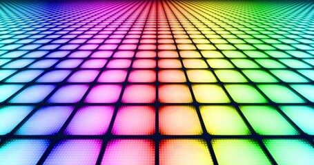 Futuristic glowing rainbow led floor background. Shining tiled plane in perspective. 3D rendering.