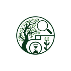 Vector art of a circular logo design features a tree, magnifying glass, hourglass, and plant, symbolizing growth and time