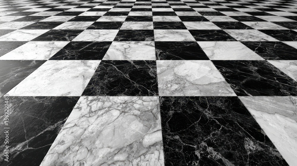 Poster polished marble tiles arranged in checkered pattern extending across expansive floor, creating sophi