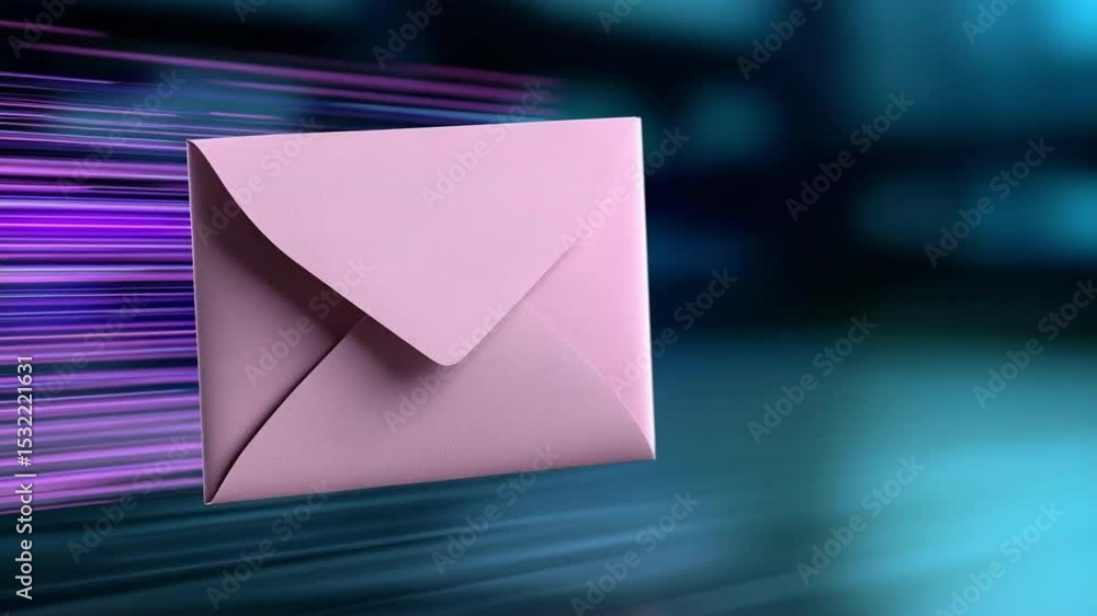 Poster pink envelope soaring through cyber space: a delicate pink envelope streaks through the digital expa