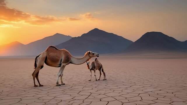 Two majestic camels grace the expansive desert as the sun sets behind distant mountains. The warm glow illuminates the cracked earth, creating a tranquil, enchanting atmosphere.