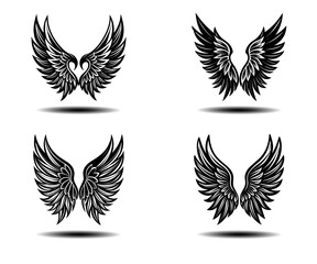 Distressed Angel Wings Vector Set in Black Feather Style. Perfect for tattoo art, gothic themes, fantasy branding, spiritual symbolism, and memorial artwork in high-resolution vector format.

