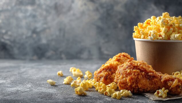 Crispy fried chicken pieces and a paper cup overflowing with buttery popcorn sit on a dark gray surface against a mottled gray background