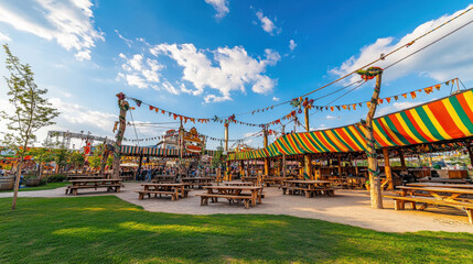 Traditional Bavarian Beer Tents with Striped Canopies and Flags at G&auml;ubodenvolksfest in Straubing