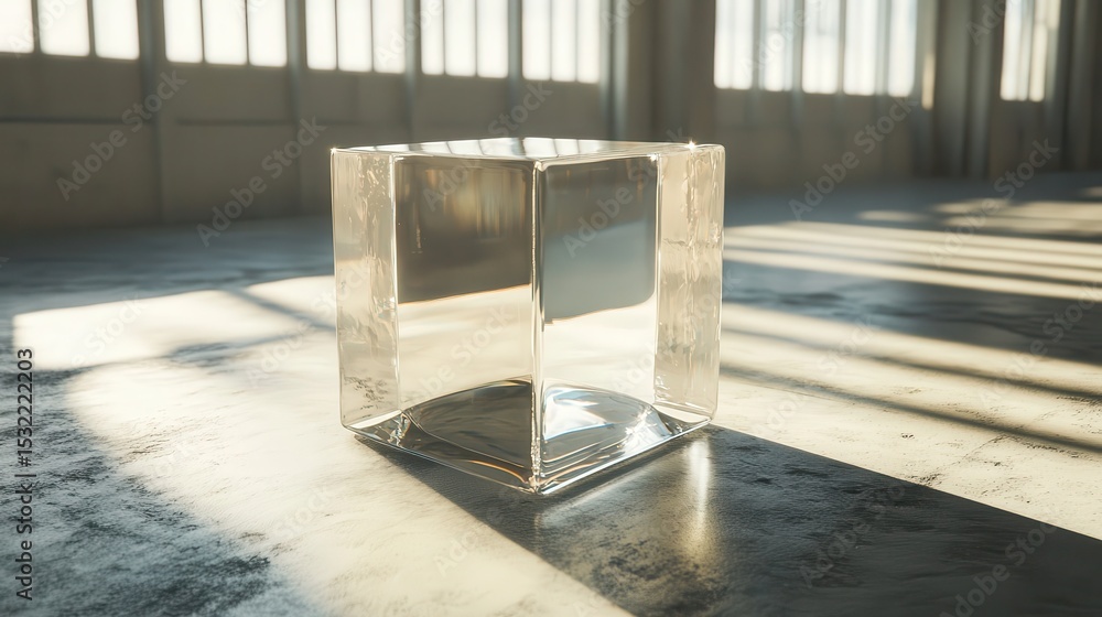 Aufkleber a glass cube on a concrete floor with light streaming in through windows casting shadows across the 