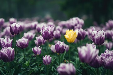 Obraz premium A single yellow tulip stands out amidst a sea of purple and white variegated tulips in a garden setting
