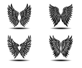 Gothic Angel Wings Vector Set Featuring Distressed Feather Design. Black feather wings ideal for tattoo art, fantasy branding, spiritual concepts, and memorial themes in scalable vector format.

