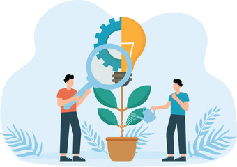 Creativity and analysis and Research of inventions and collaboration. Man with gear and light bulb, Work in process idea and implementation concept
