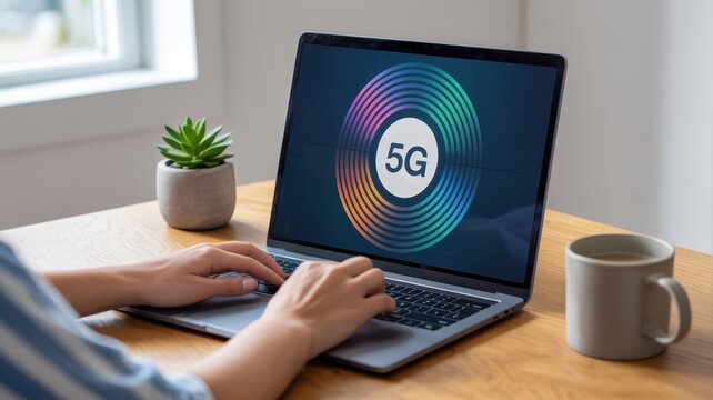 Person using a laptop displaying a 5G graphic.