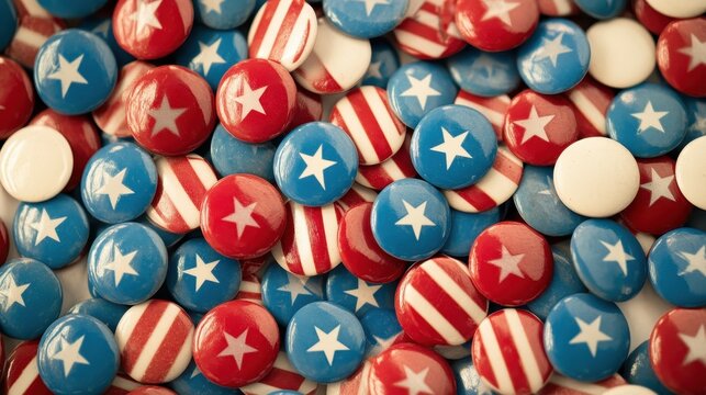 Voting 2020. Patriotic Buttons Symbolizing US Election on White Background