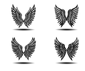 Elegant Black Feather Angel Wings Vector Set. Includes distressed wing designs perfect for fantasy artwork, gothic style tattoos, spiritual branding, and memorial themes in vector format.


