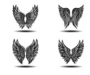 Grunge Style Angel Wings Vector Collection. Black distressed feather wings ideal for memorial prints, gothic tattoos, fantasy designs, and spiritual concepts. Vector icons with detailed outlines.

