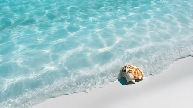Turquoise waves gently lap at a pristine beach as a beautifully patterned seashell rests on soft white sand. Sunlight sparkles on the water, enhancing the serene ambiance of this tranquil scene.