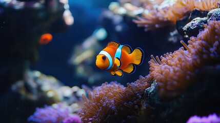 Obraz premium Clownfish swimming near coral reef in a vibrant underwater scene with colorful anemones and marine life