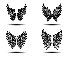 Vintage Style Angel Black Wings Vector Set. Distressed feather silhouettes for fantasy art, gothic tattoos, spiritual prints, and memorial branding. High-quality, detailed vector illustrations.

